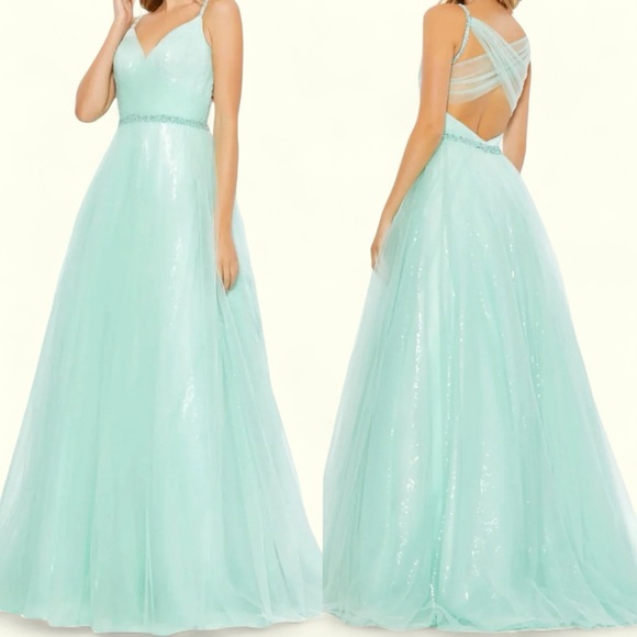 Mac Duggal 67565 | V-Neck Tulle Ballgown with Embellished Belt | Mint Green | 10 - Picture 1 of 6